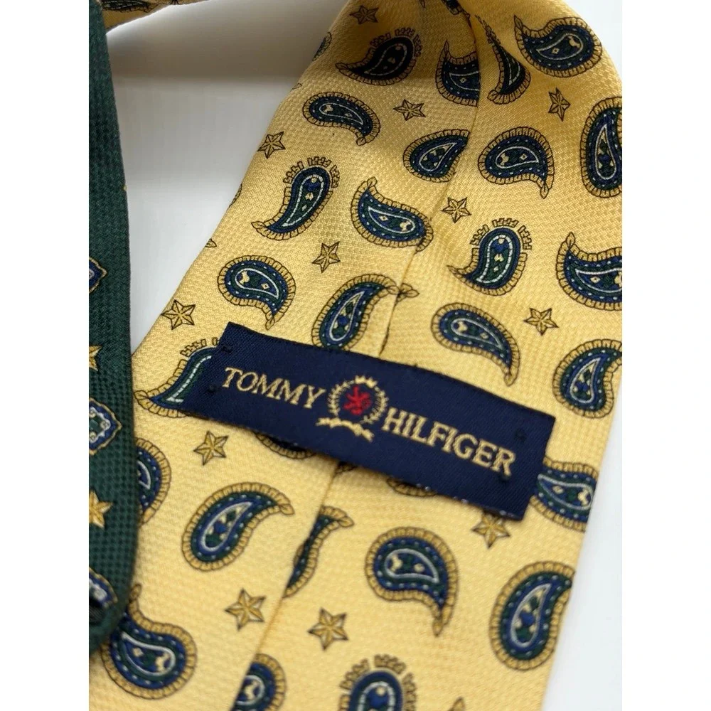 Tommy Hilfiger, Yellow 100% Silk Necktie, Blue/Green Paisley & Star Pattern
